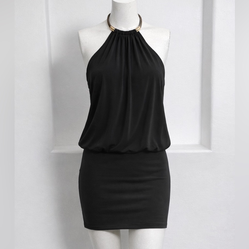 Laundry by Shelli Segal Black Halter Mini Dress Metal Ring Blouson Jersey Size 0